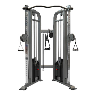 Insight Fitness Functional Trainer BS017, a dual adjustable pulley system exercise machine with black and gray colors, steel frame, and weight plates.
